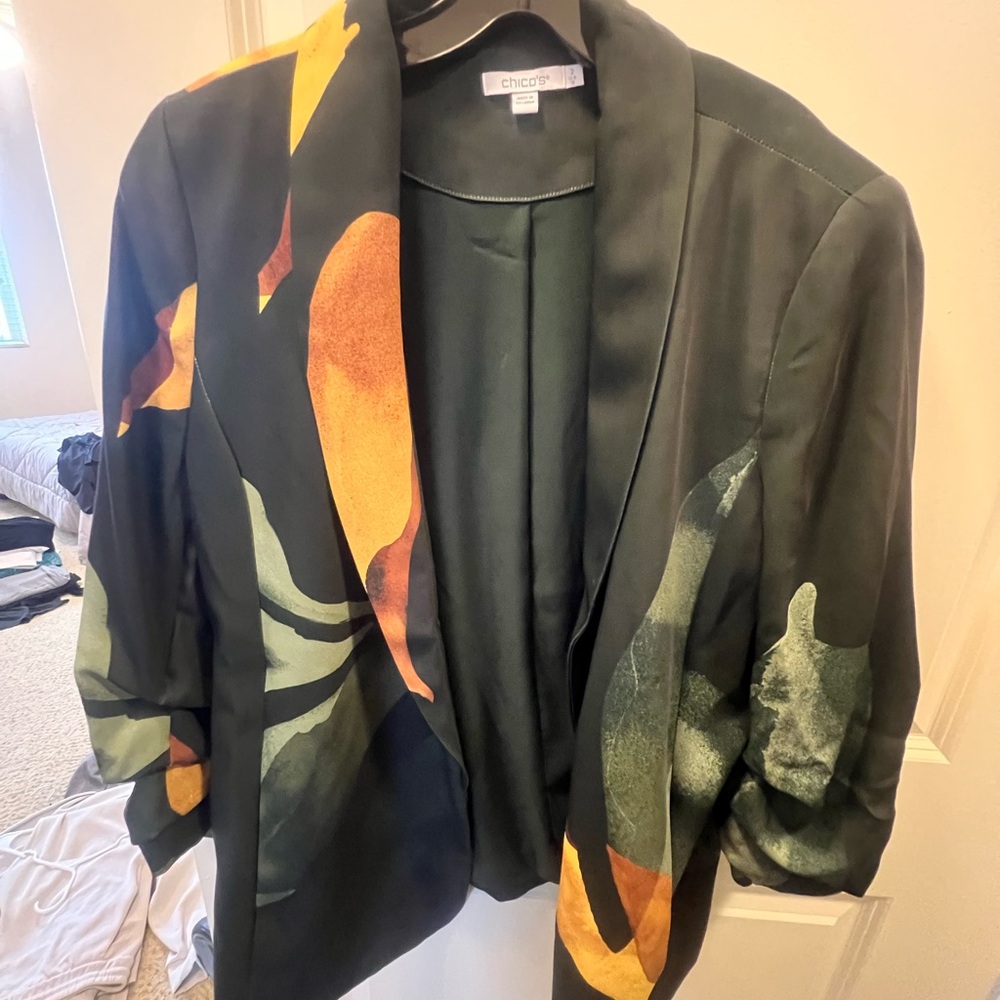 Chico's Dark Green Blazer with Orange Floral Accents